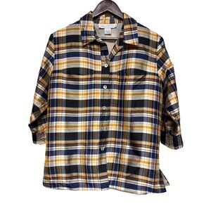 Silk Essentials Women's 100% Silk 3/4 Sleeves Blue Plaid Blouse Button Medium